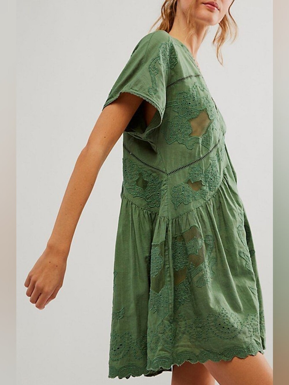 Free People Sea Spray Green Embroidered Eyelet V-Neck Mini Dress Size L NWT
